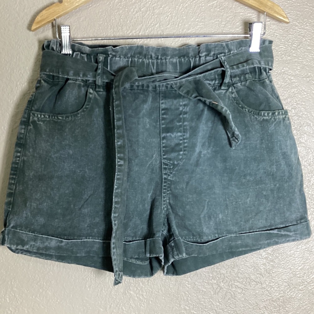 tgla Women Green Cotton Paperbag Waist Shorts High Rise Tie Belt Small PW2004509